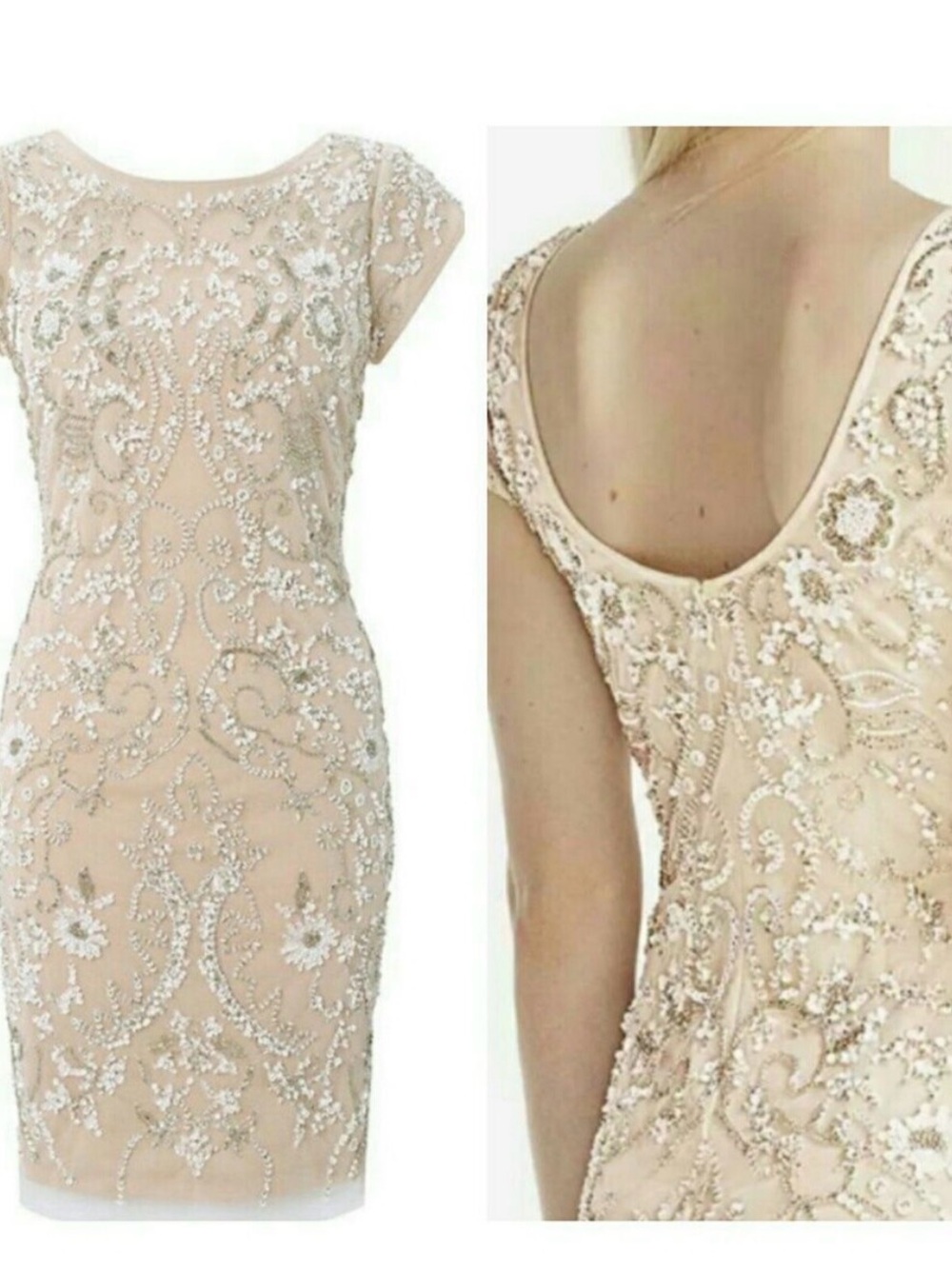 Aidan Mattox Beaded Nude Cocktail Midi Dress